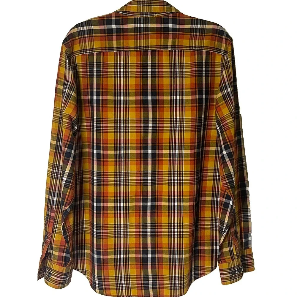 Banana Republic Mens Large Long Sleeve Plaid Shirt Orange Navy Gold Cotton